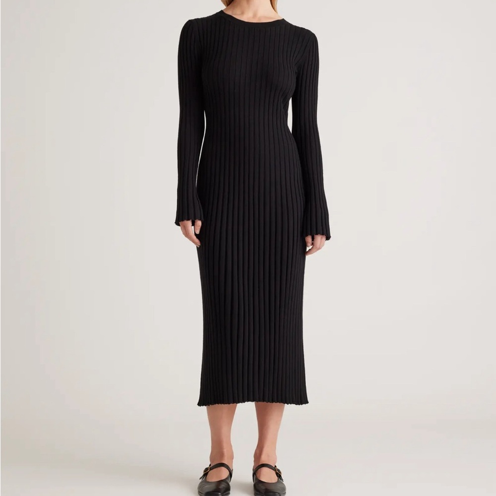 Cashmere Ribbed Long Sleeve Black Midi Dress